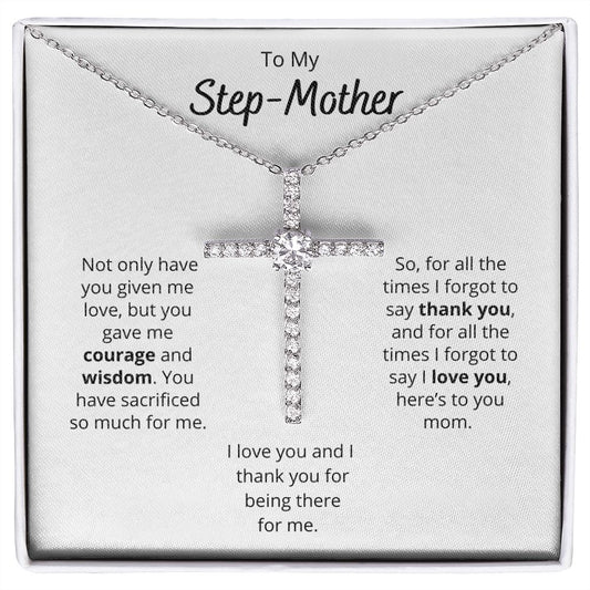 To My Step Mom - Wisdom - CZ Cross Necklace