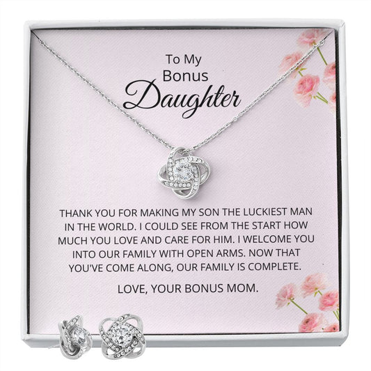 To My Bonus Daughter - Thank You - Love Knot Earring And Necklace Set