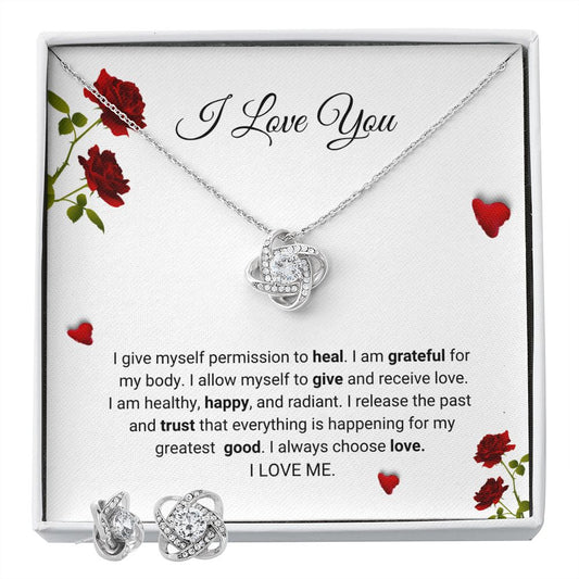 I Love You - Grateful - Love Knot Earring & Necklace Set 14k white gold over stainless steel